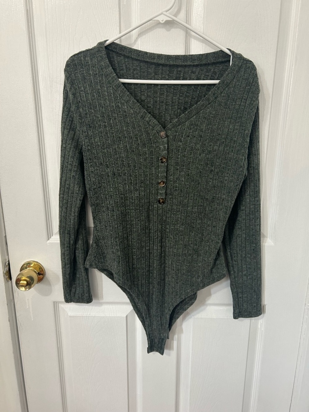 Ribbed Henley Bodysuit in Dark Green